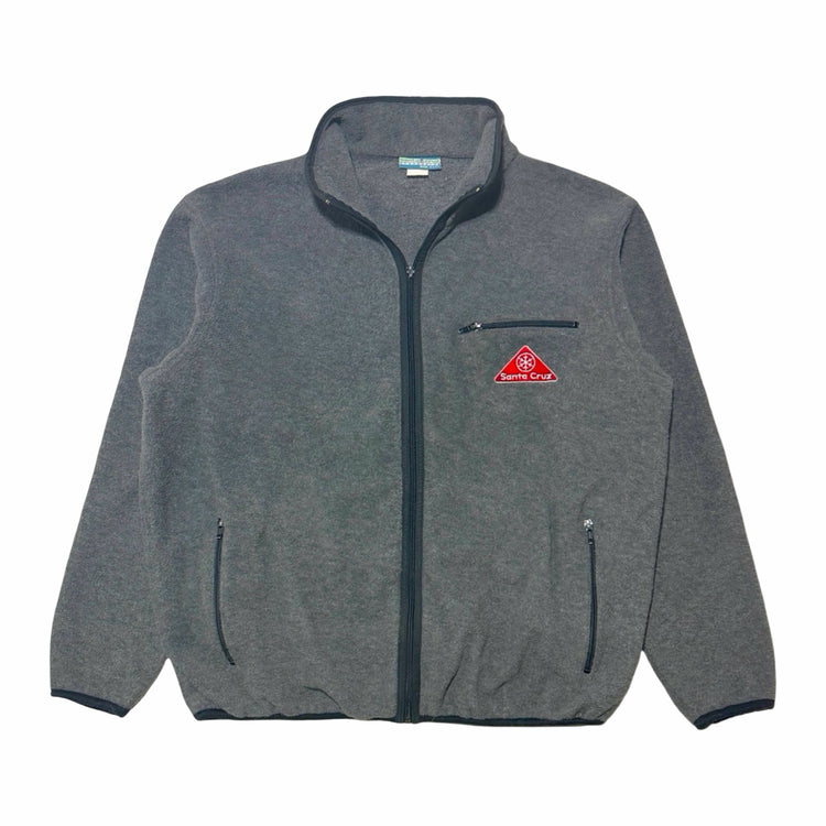 1990's Santa Cruz Snowboards charcoal grey fleece full zip jacket, front