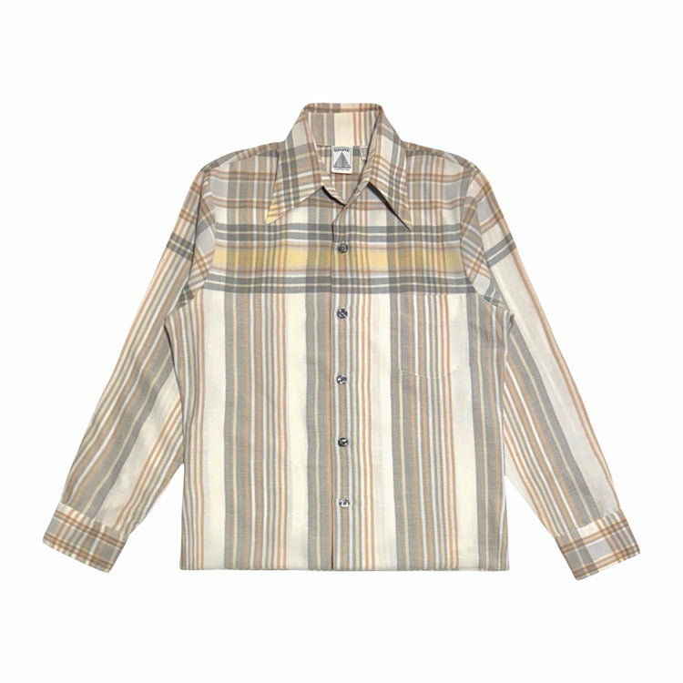 1970's Spire California cropped beige and gray plaid point collar button down shirt medium