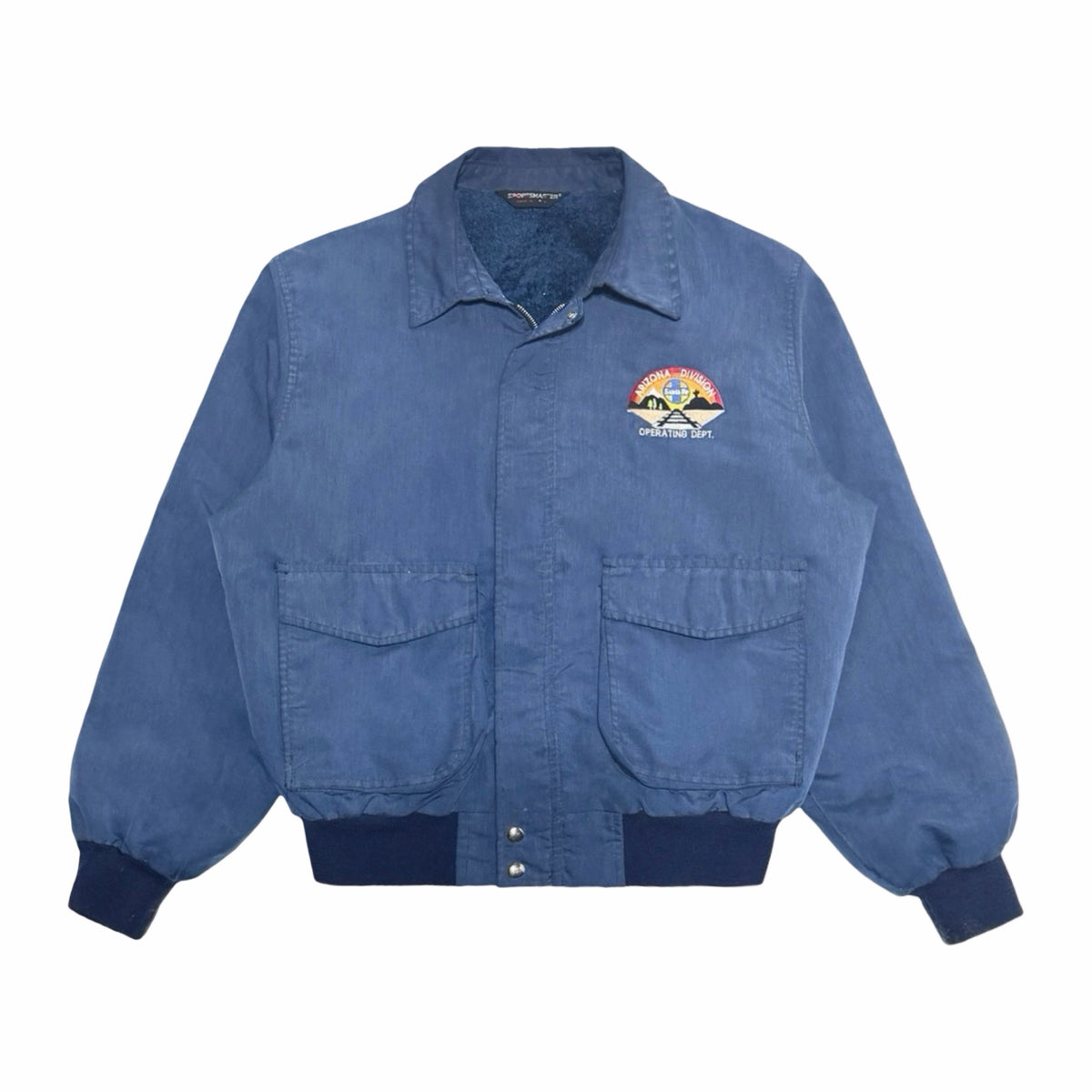 1980's Sportsmaster Santa Fe Railroad Arizona Division cropped faded blue work jacket x-large