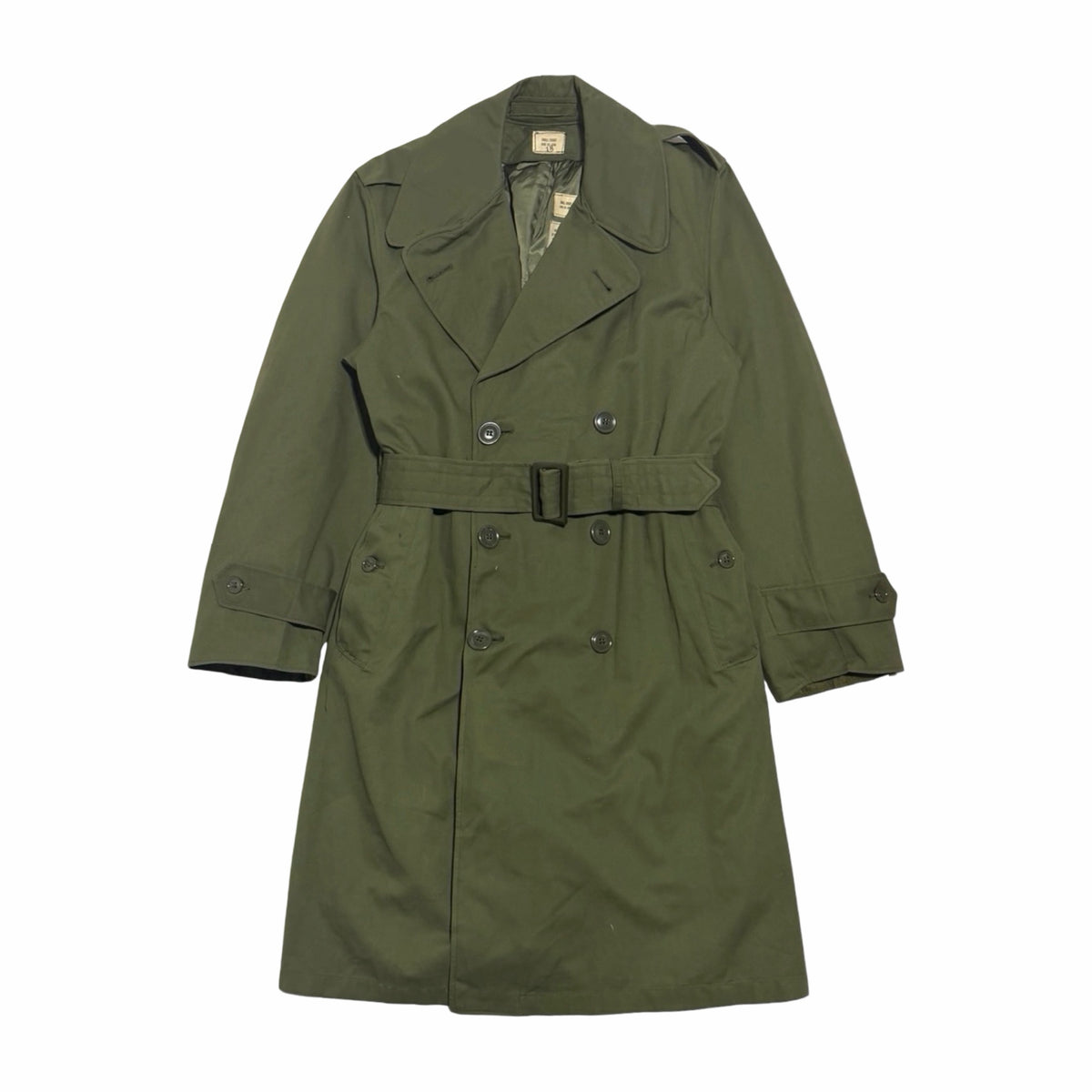1960s US Army OG 107 olive cotton sateen trench coat