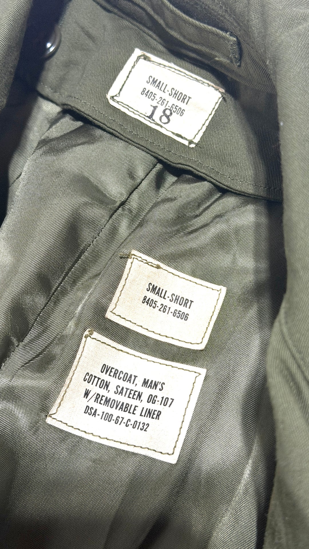 US Army OG 107 overcoat interior labels