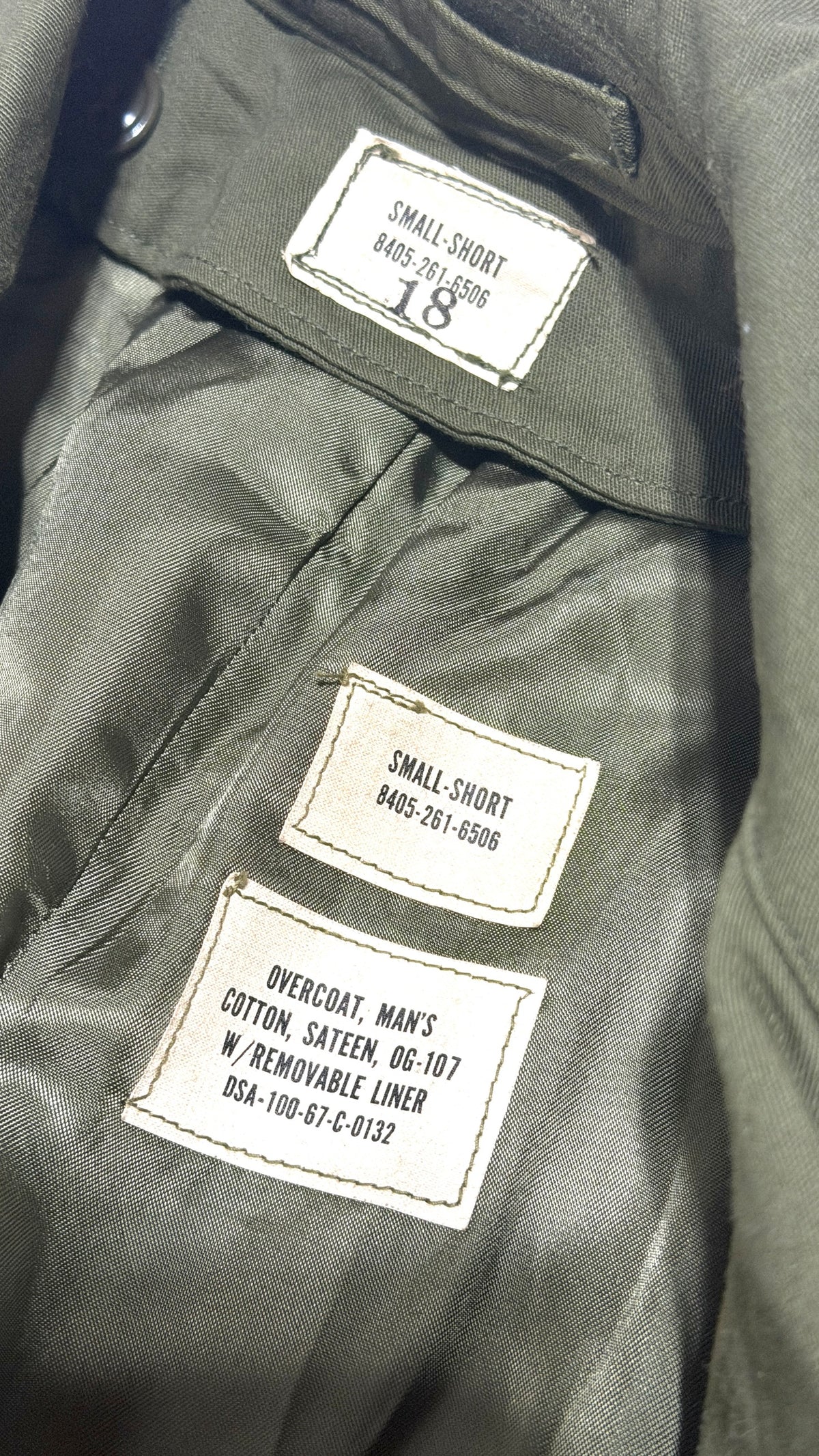 US Army OG 107 overcoat interior labels