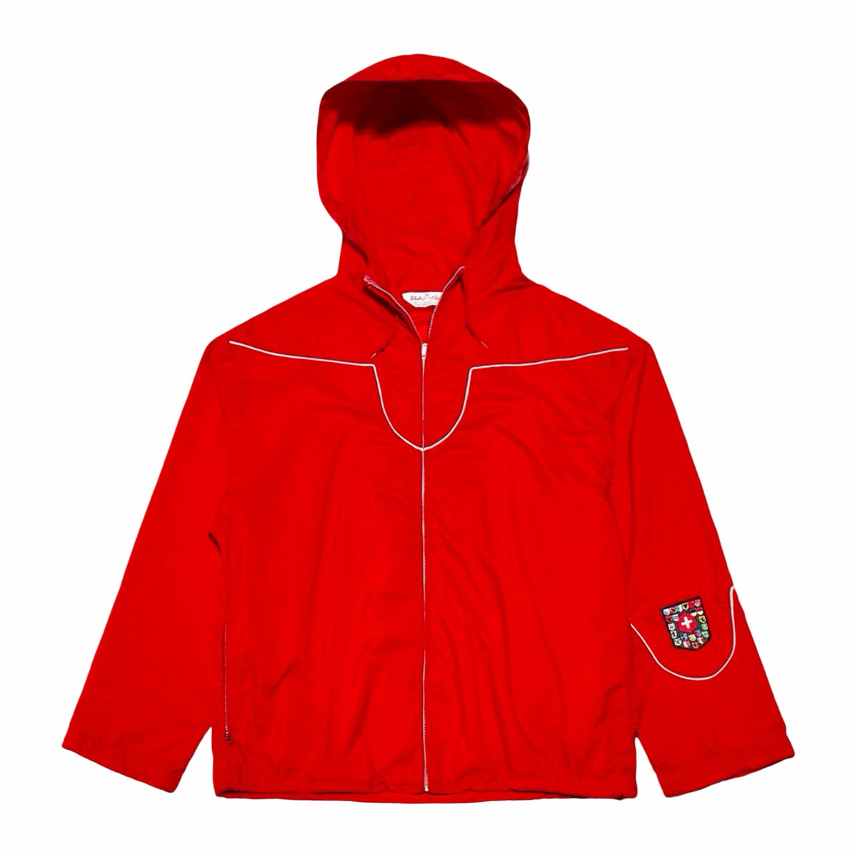 1960's White Stag Portland Oregon cropped red hooded Swiss patch anorak large