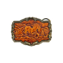 Load image into Gallery viewer, 1980’S HORSE HAND TOOLED LEATHER &amp; BRASS BELT BUCKLE
