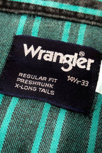 Load image into Gallery viewer, 1990’S WRANGLER GREEN STRIPED DENIM WESTERN PEARL SNAP L/S B.D. SHIRT SMALL
