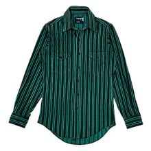 Load image into Gallery viewer, 1990’S WRANGLER GREEN STRIPED DENIM WESTERN PEARL SNAP L/S B.D. SHIRT SMALL
